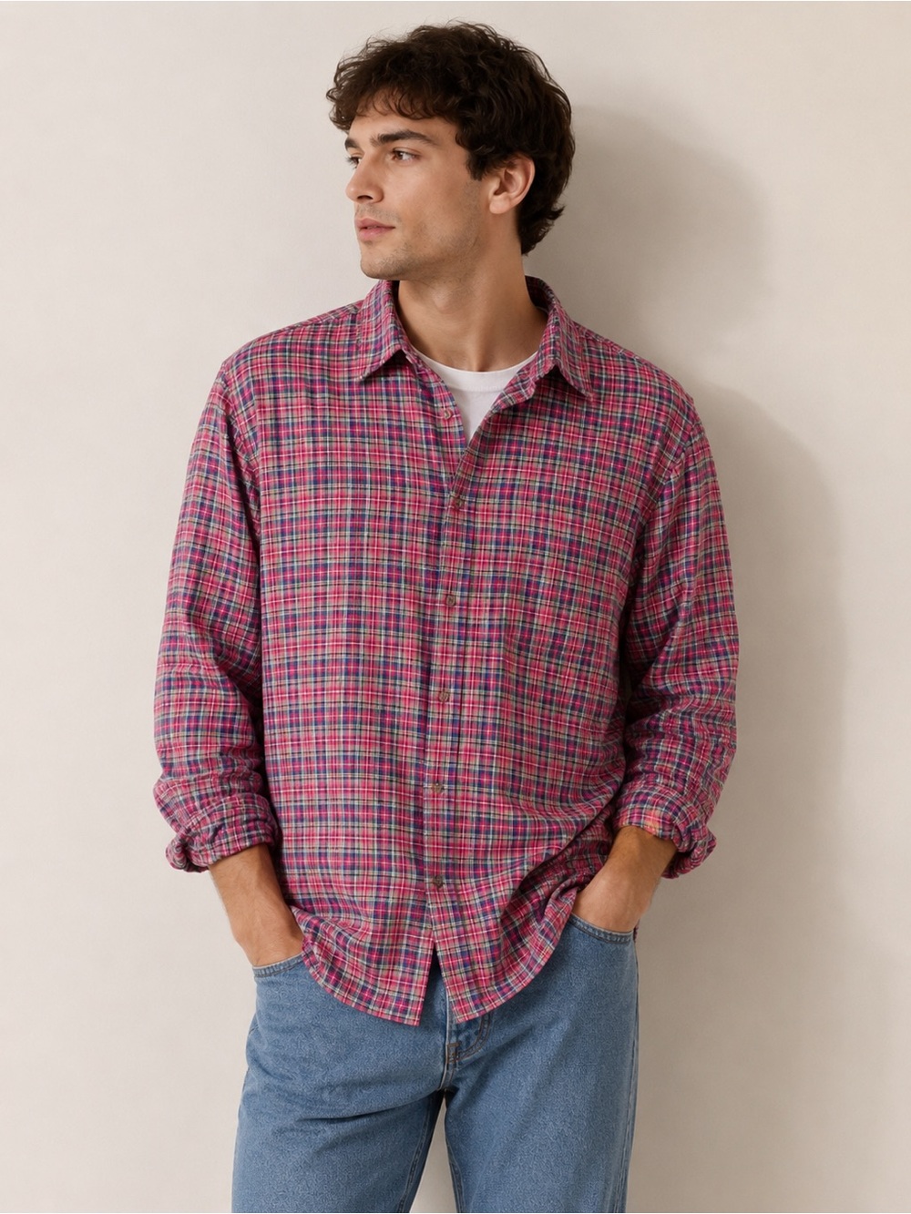 Chaps Men's Casual Pink and Green Plaid Shirt